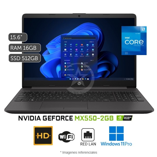 Laptop HP 250 G9, Intel Core i7-1255U Hasta 4.7 GHz, RAM 8GB, SSD 512GB, NVIDIA GeForce MX550 2GB, Pantalla LED de 15.6\'\'